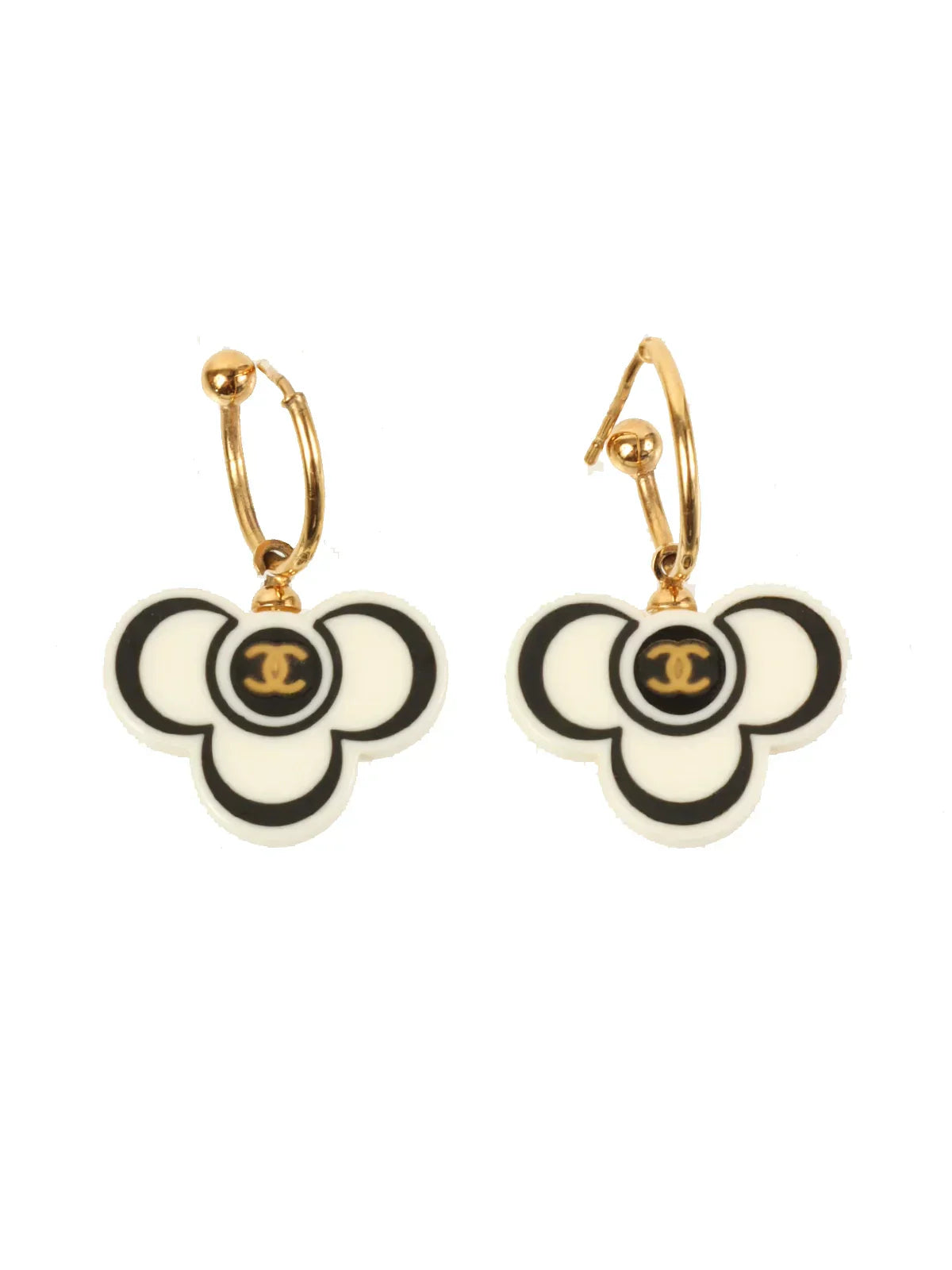 CHANEL 2002 Made Clover Motif Cc Mark Pierced Earrings Gold/White/Black