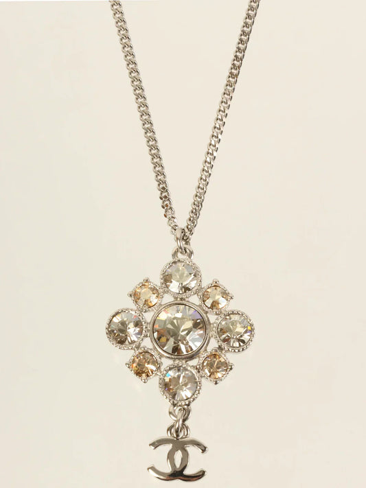 CHANEL 2012 Made Rhinestone Diamond Motif Cc Mark Swing Necklace Silver/Champagne