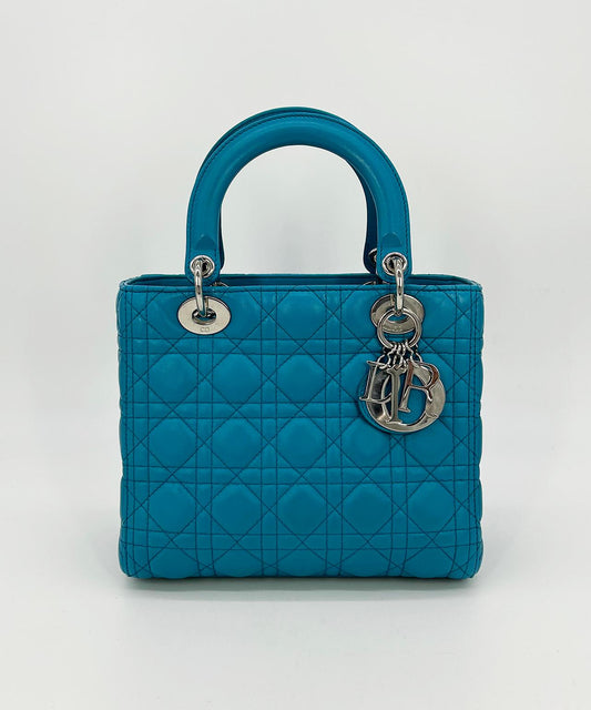 CHRISTIAN DIOR Teal Leather Cannage Medium Lady Di Bag
