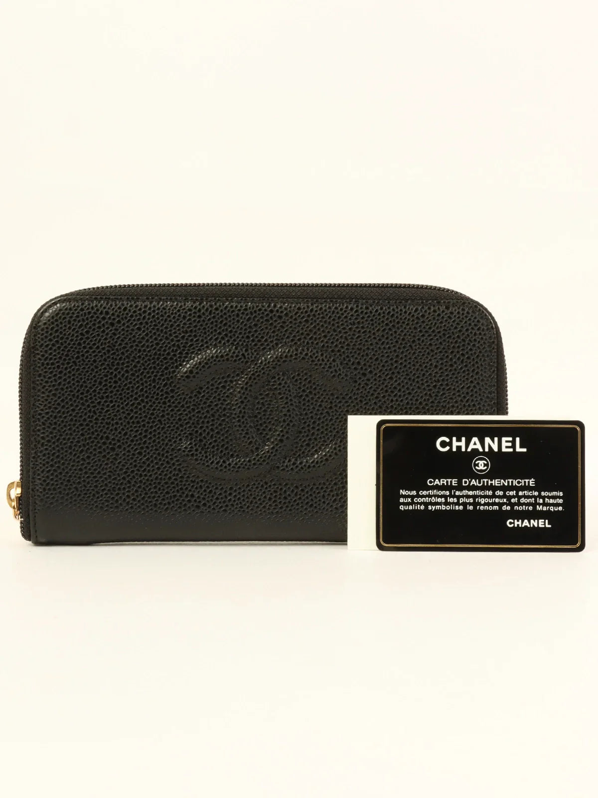 CHANEL Around 2009 Made Caivar Skin Cc Mark Stitch Long Wallet Black