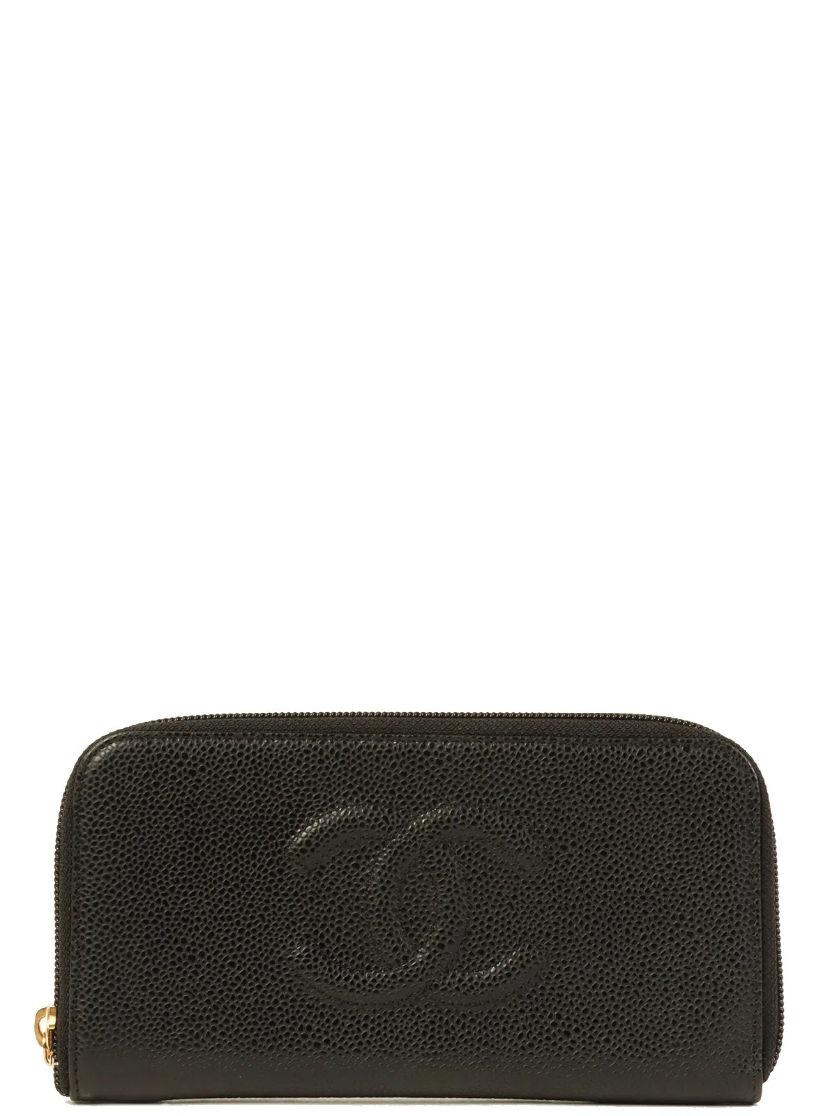 CHANEL Around 2009 Made Caivar Skin Cc Mark Stitch Long Wallet Black