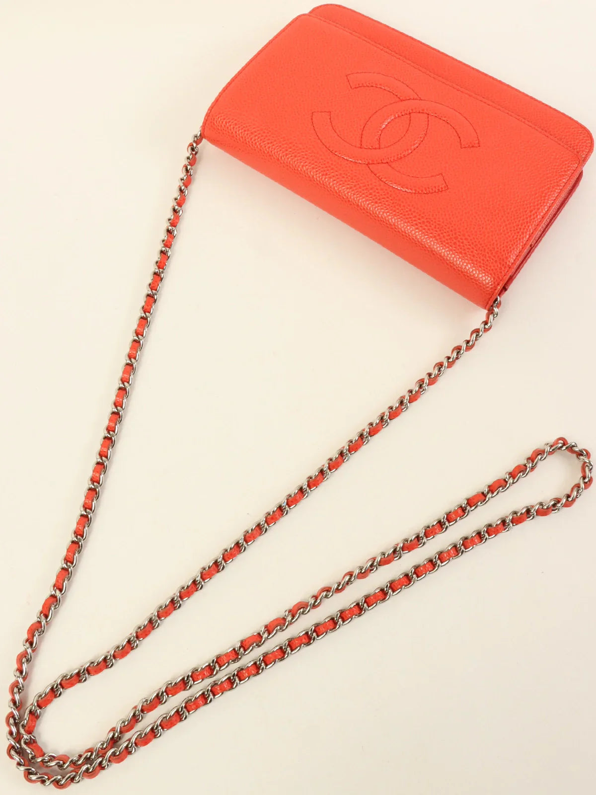 CHANEL Around 2013 Made Caviar Skin Cc Mark Stitch Wallet On Chain Cherry Tomato