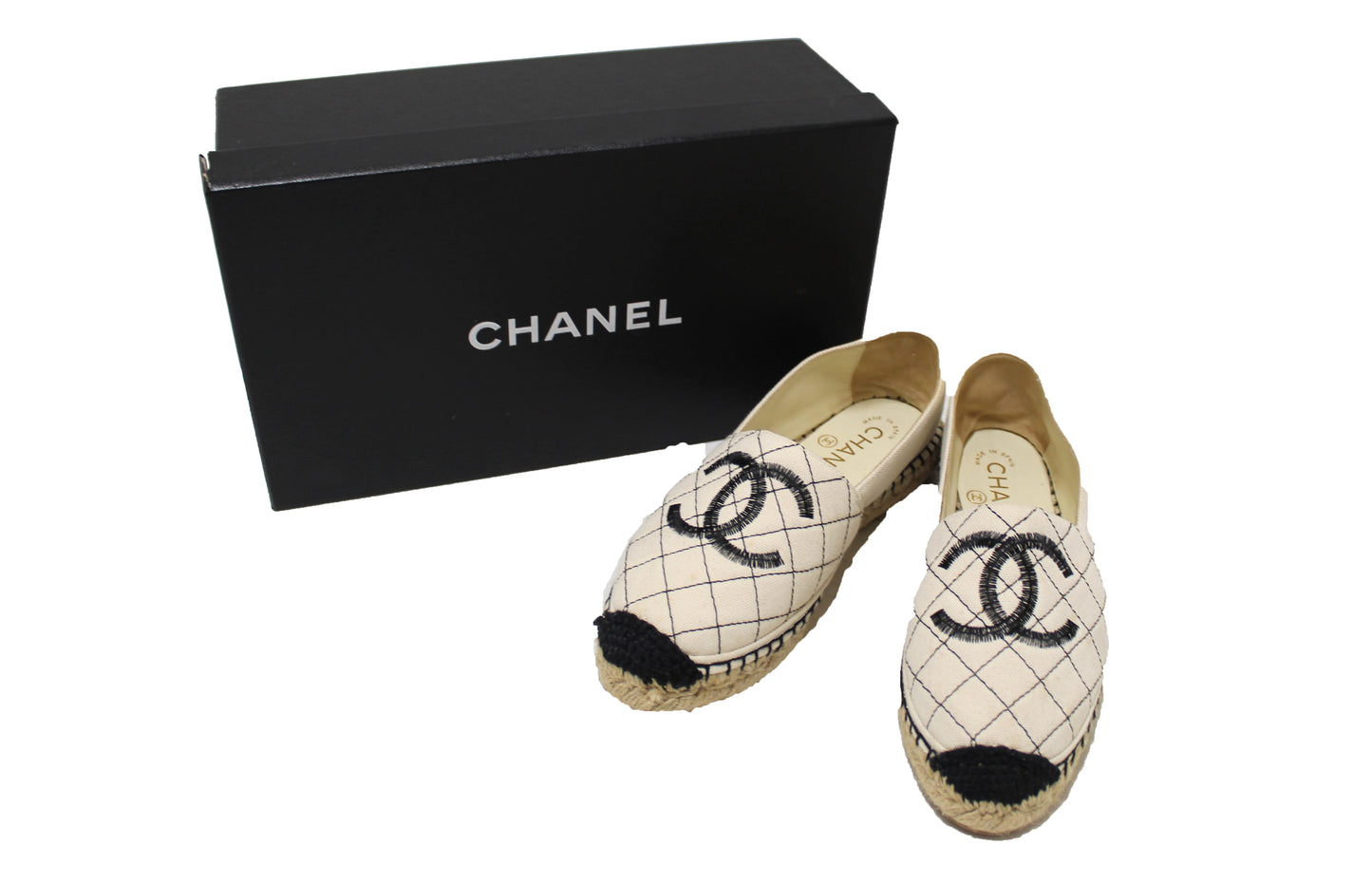 Chanel Beige Black Canvas Stitched Espadrilles Shoes Size 35