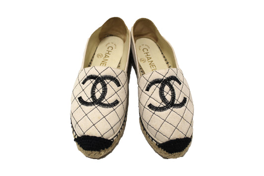 Chanel Beige Black Canvas Stitched Espadrilles Shoes Size 35