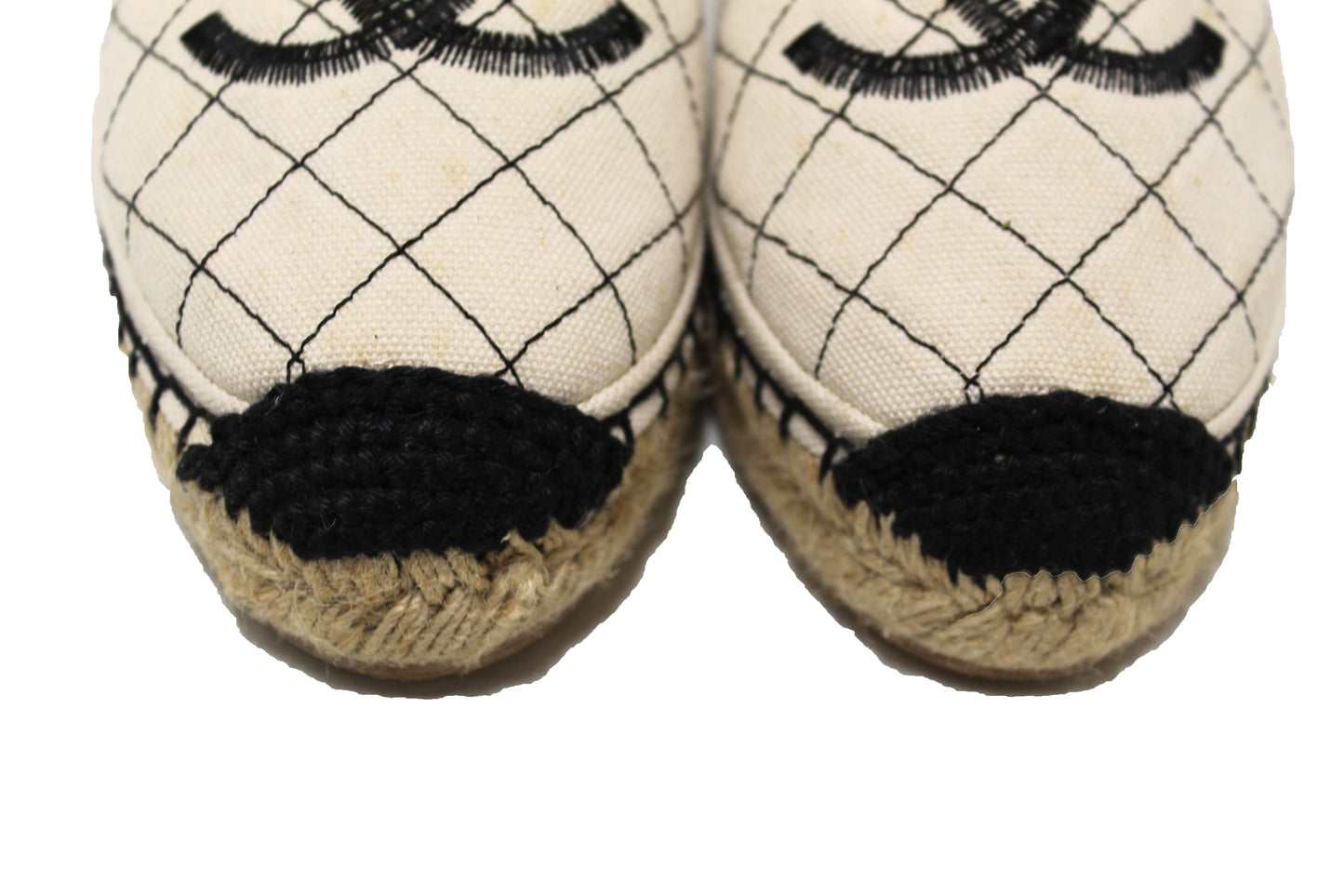 Chanel Beige Black Canvas Stitched Espadrilles Shoes Size 35