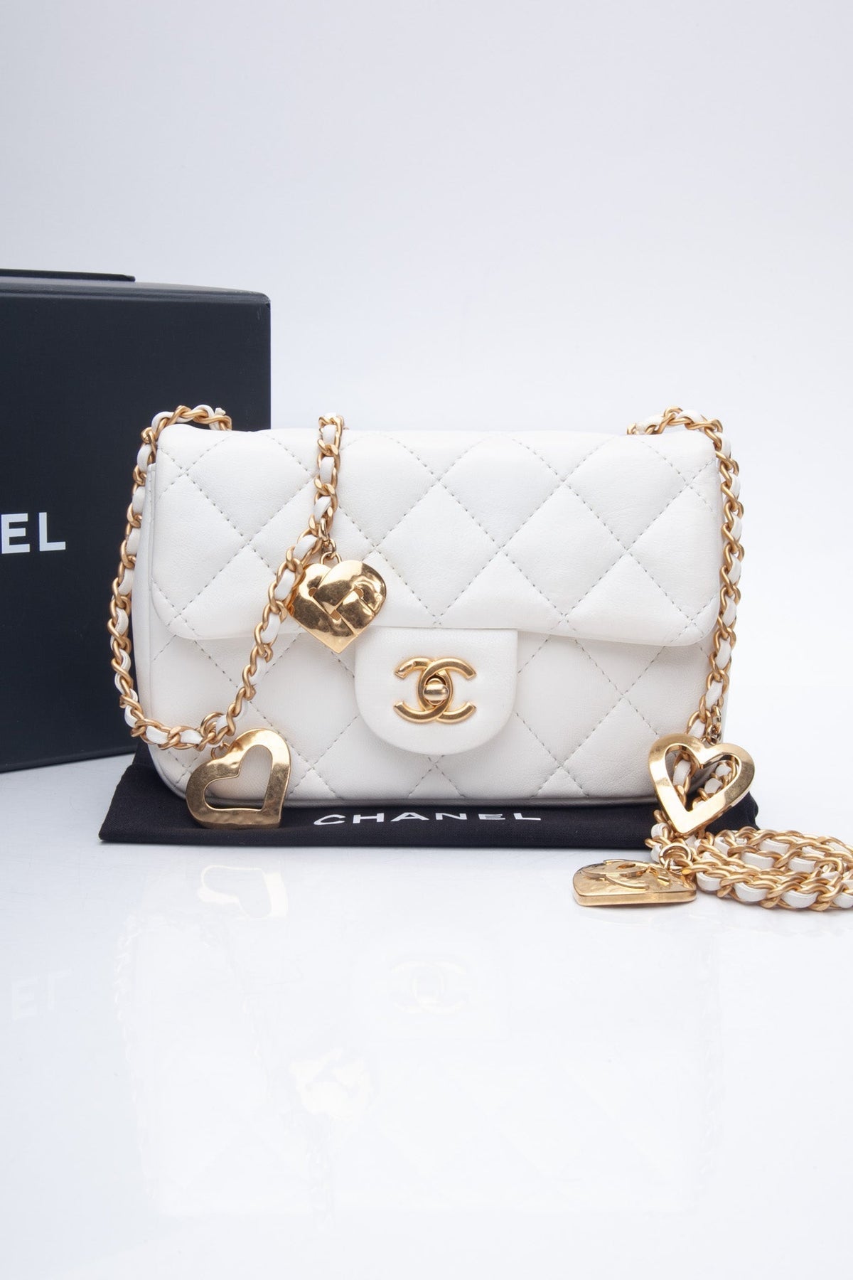Chanel White Lambskin Quilted Heart Charms Mini Flap Bag