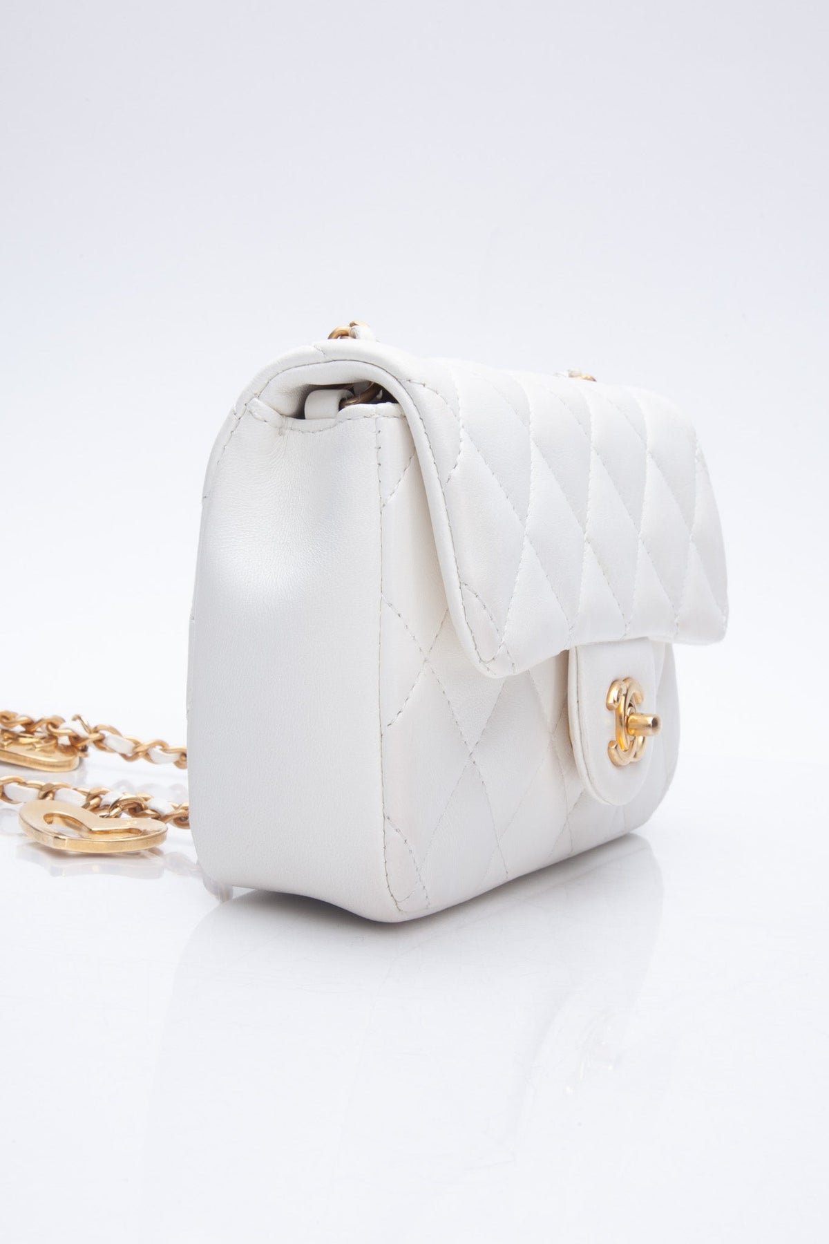 Chanel White Lambskin Quilted Heart Charms Mini Flap Bag