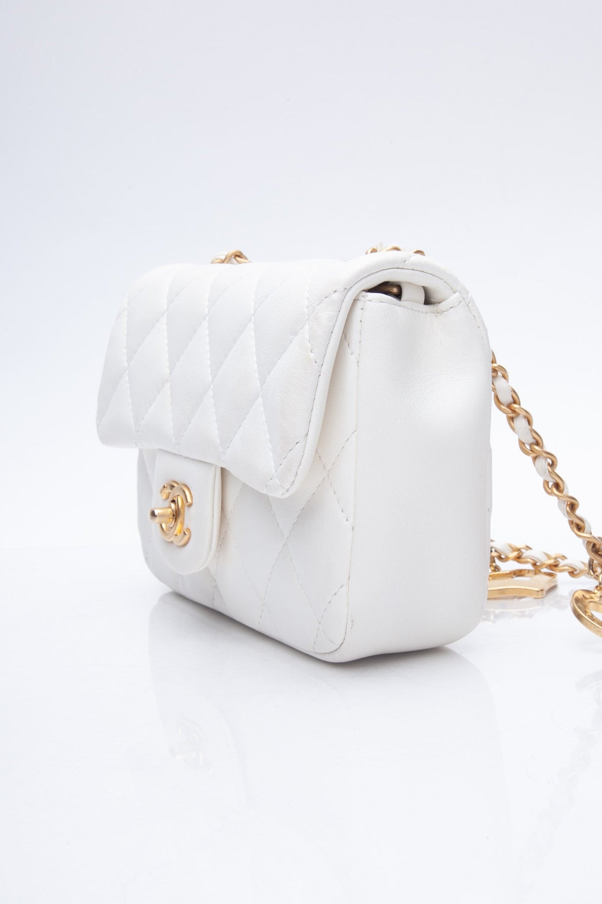 Chanel White Lambskin Quilted Heart Charms Mini Flap Bag