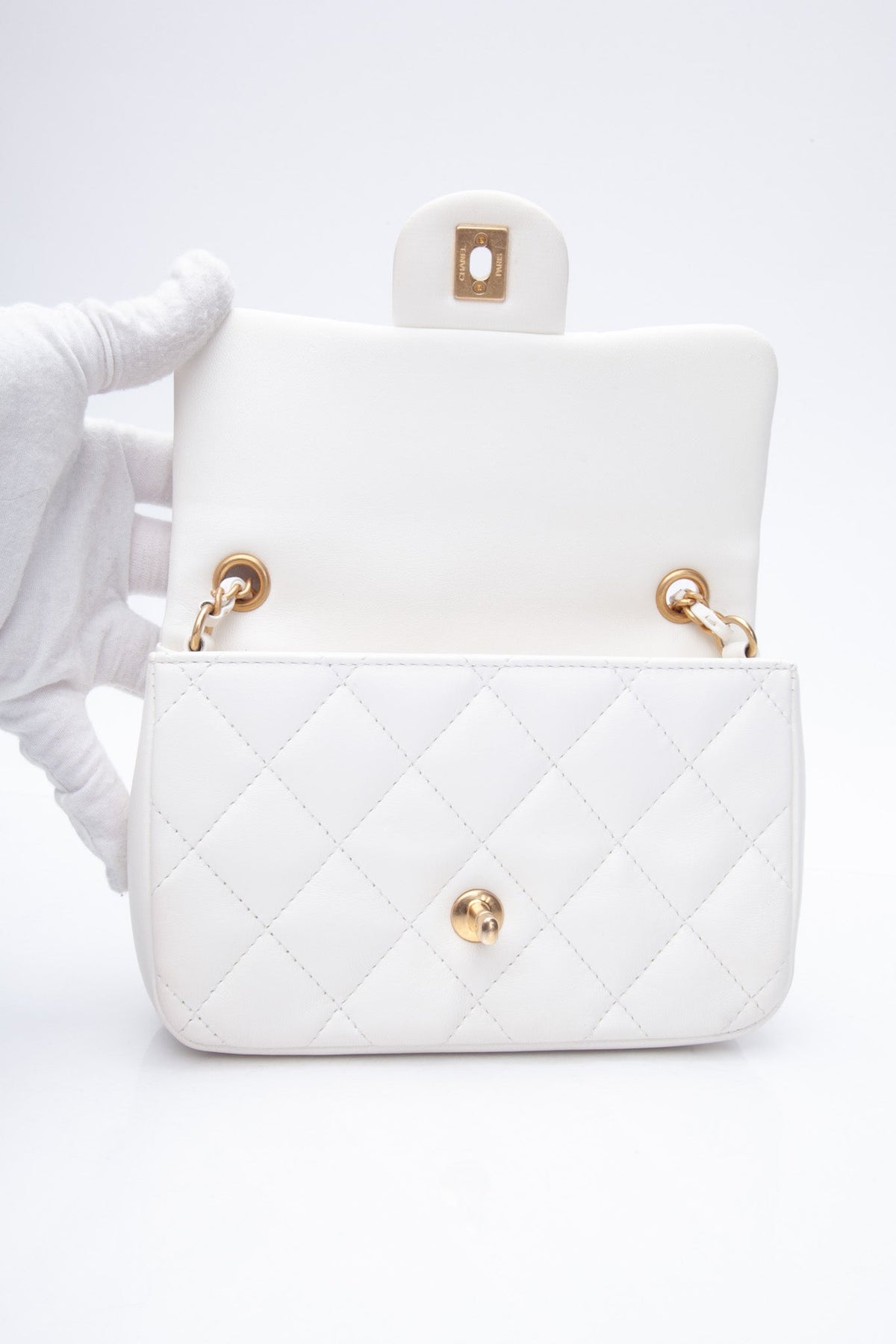 Chanel White Lambskin Quilted Heart Charms Mini Flap Bag