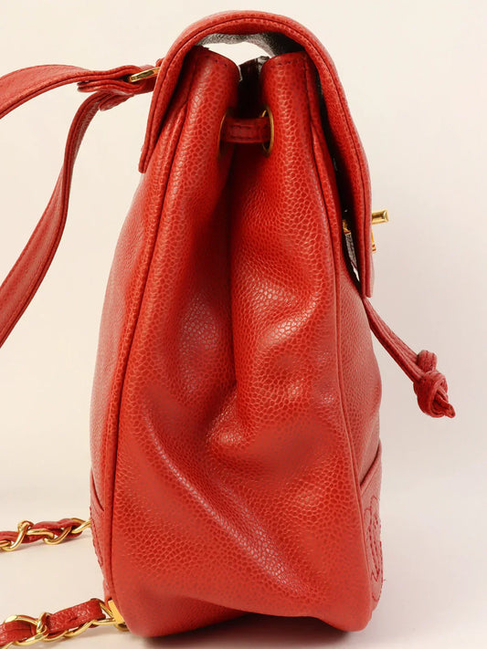 CHANEL Around 1995 Made Caviar Skin 6 Cc Mark Stitch Turn-Lock Backpack Red