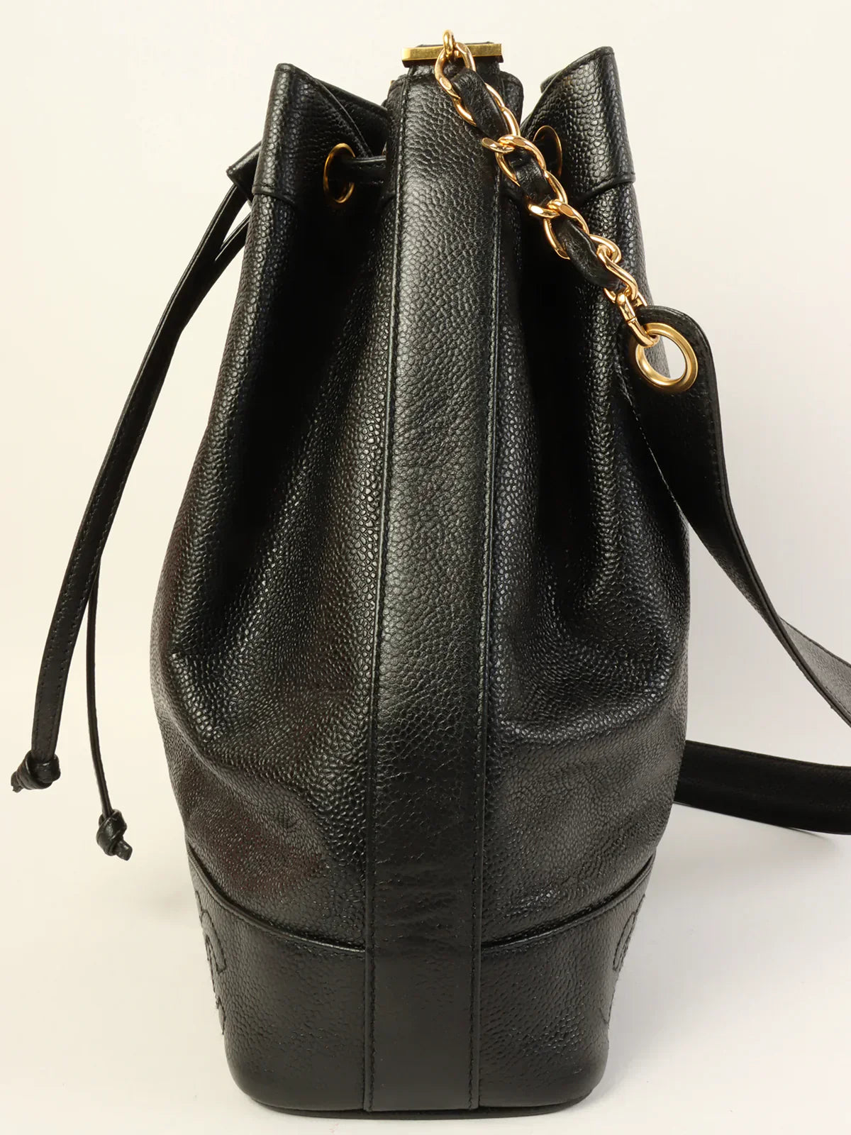 CHANEL Around 1997 Made Caviar Skin Cc Mark Stitch Drawstring Shoulder Bag Black