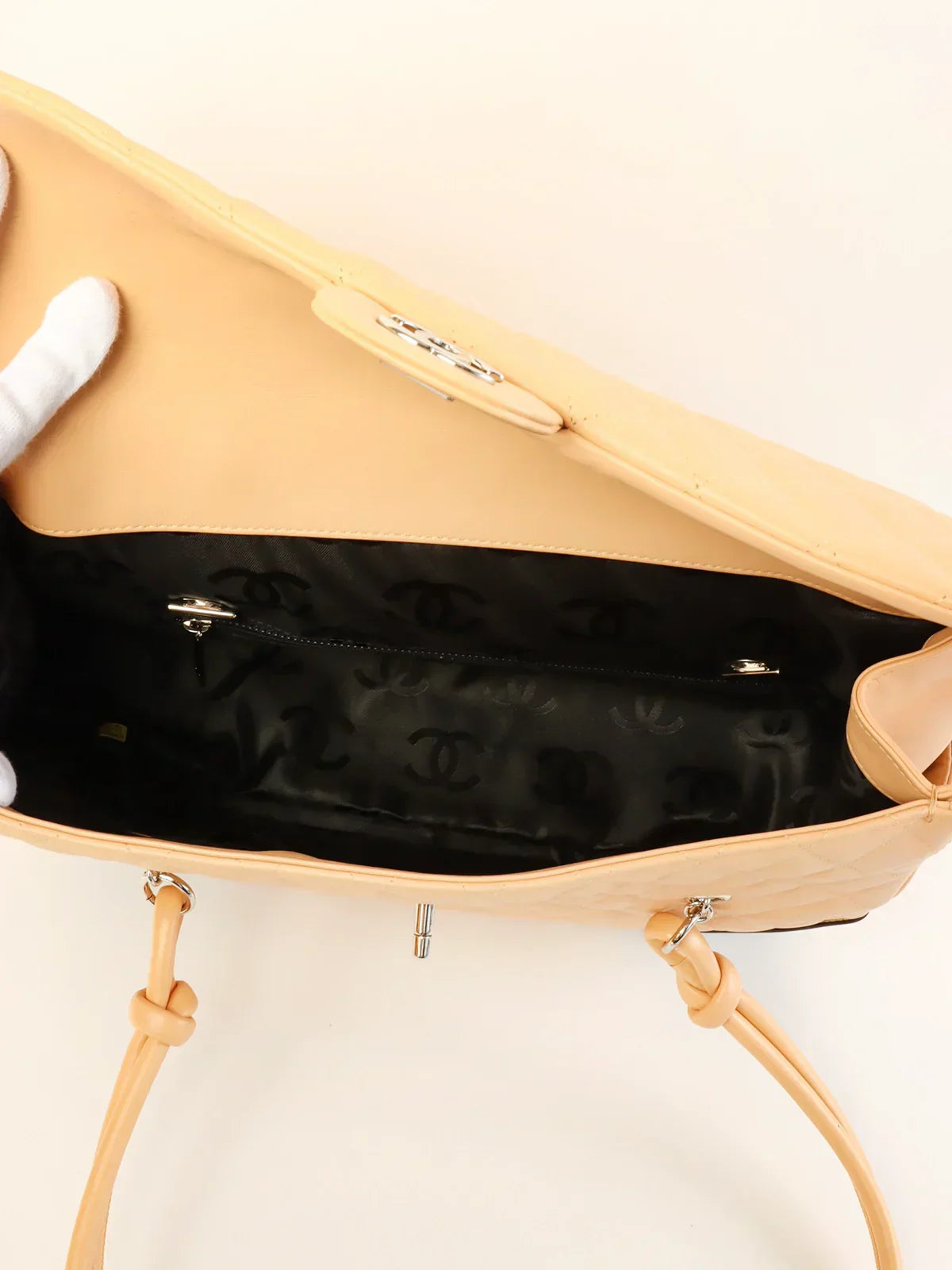 CHANEL Around 2004 Made Cambon Turn-Lock Tote Bag Beige/Black