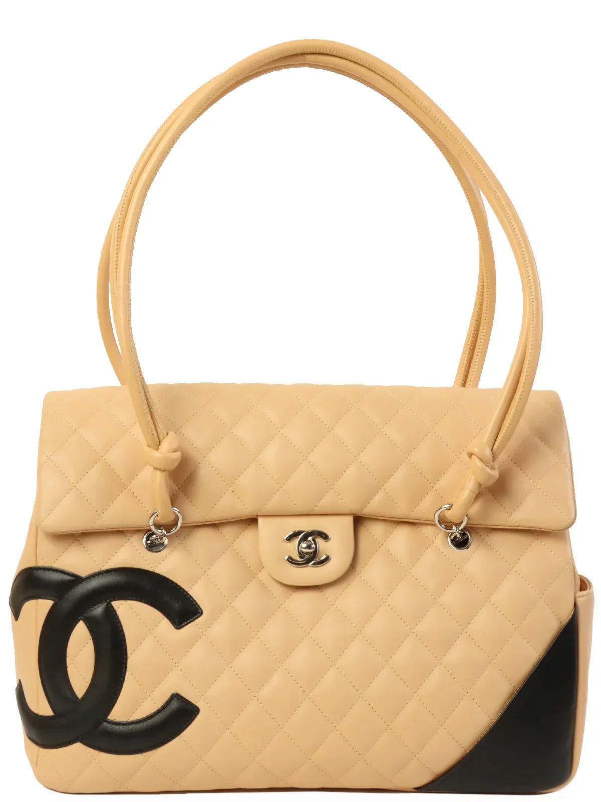 CHANEL Around 2004 Made Cambon Turn-Lock Tote Bag Beige/Black