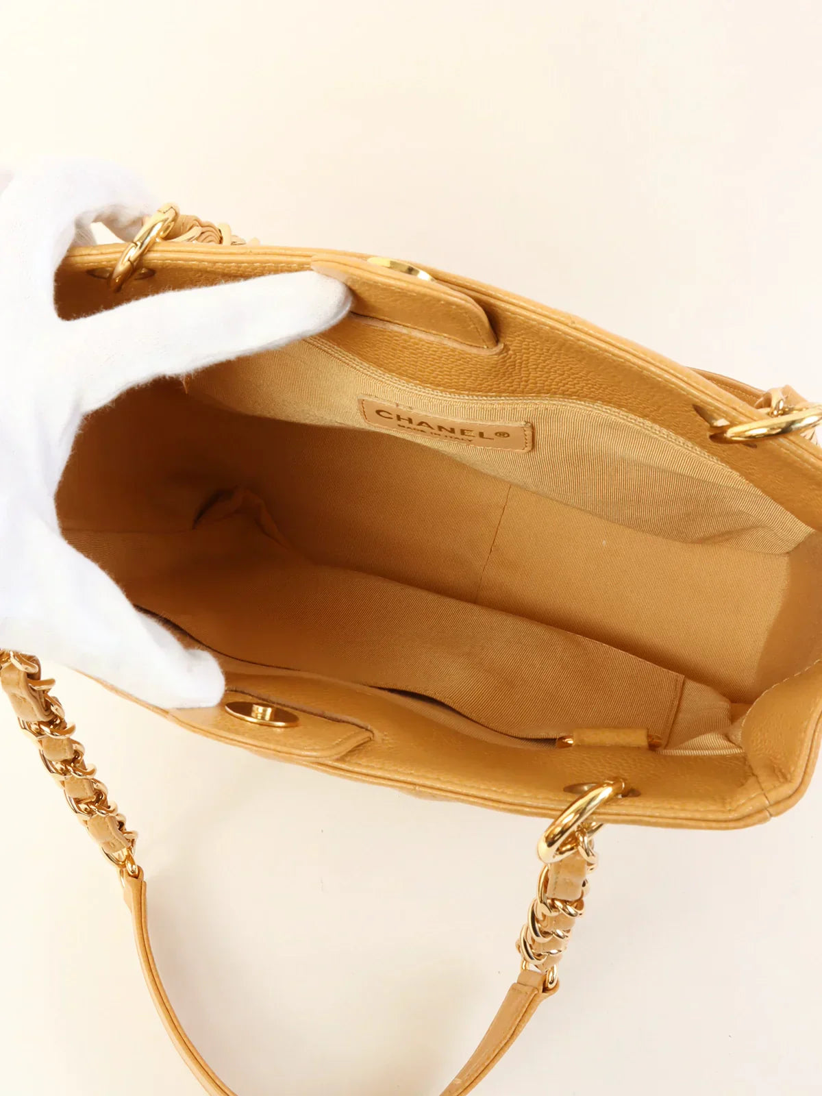 CHANEL Around 2004 Made Caviar Skin Cc Mark Stitch Chain Tote Bag Beige