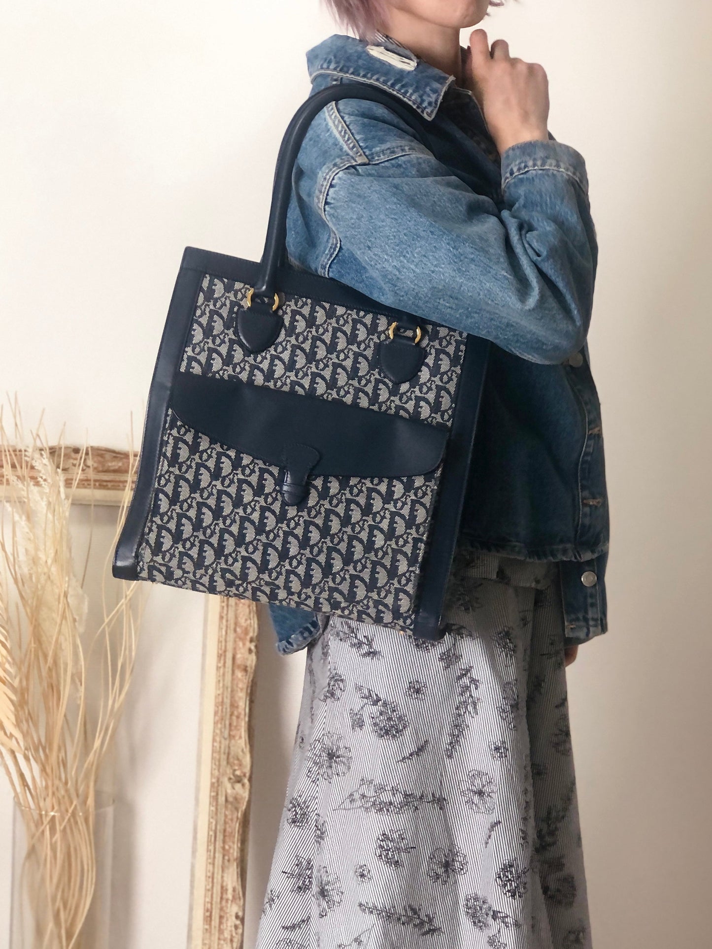 Christian Dior Trotter Front Pocket Shoulder bag Totebag Navy Vintage nak7gb