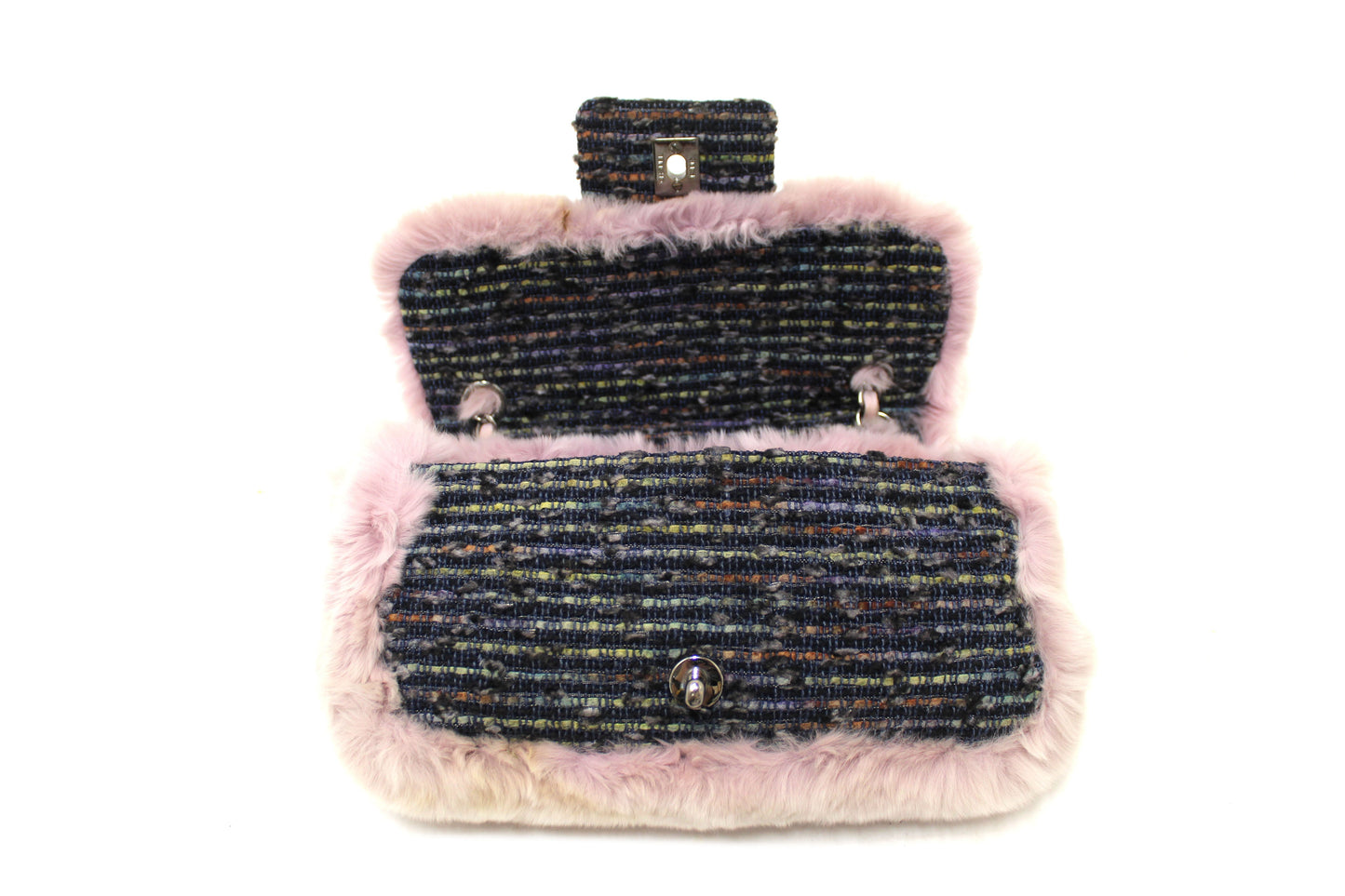Vintage Chanel Lilac Purple Fur Blue Tweed Flap Chain Shoulder Bag