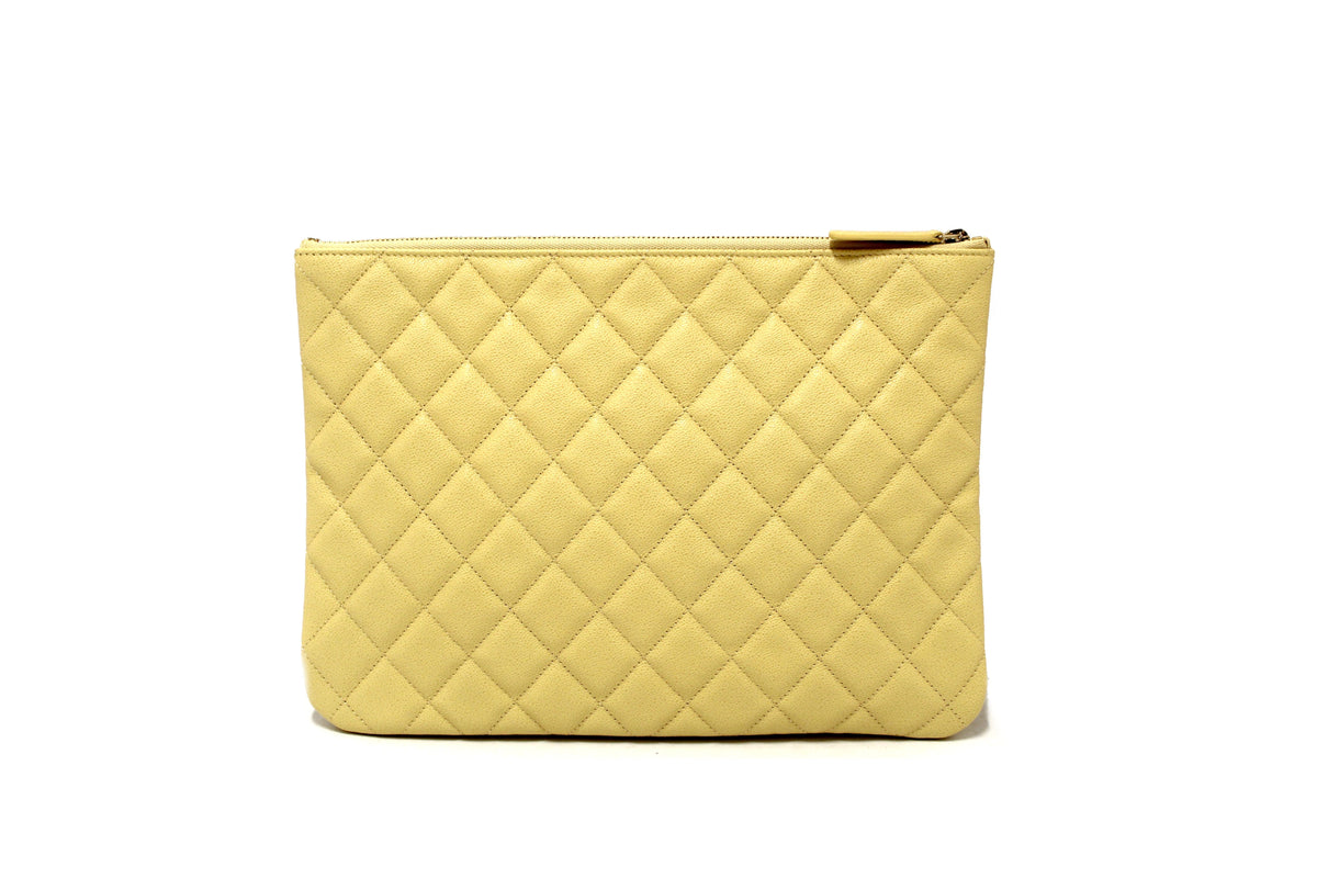 New Chanel Yellow Caviar Leather Classic Zipped O Case Pouch Clutch Bag