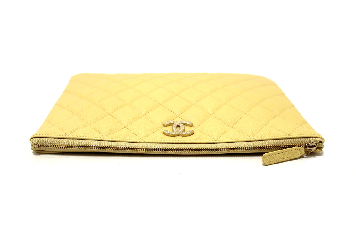 New Chanel Yellow Caviar Leather Classic Zipped O Case Pouch Clutch Bag