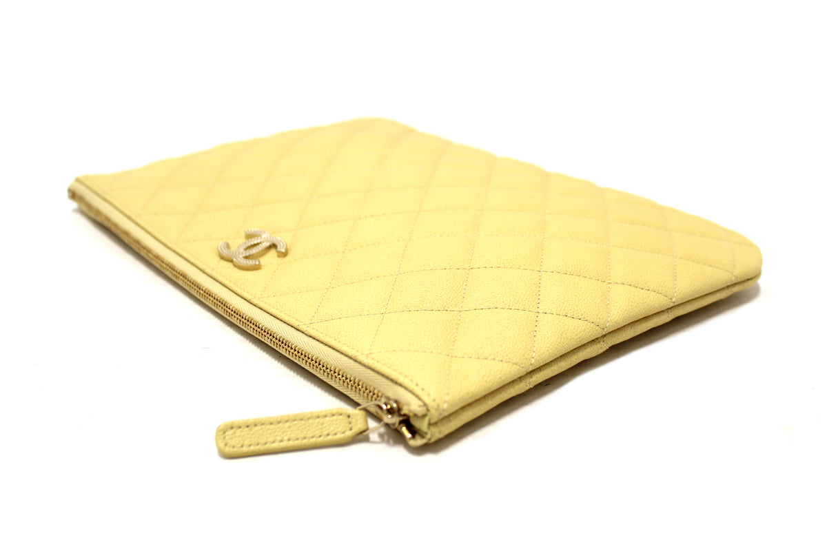 New Chanel Yellow Caviar Leather Classic Zipped O Case Pouch Clutch Bag