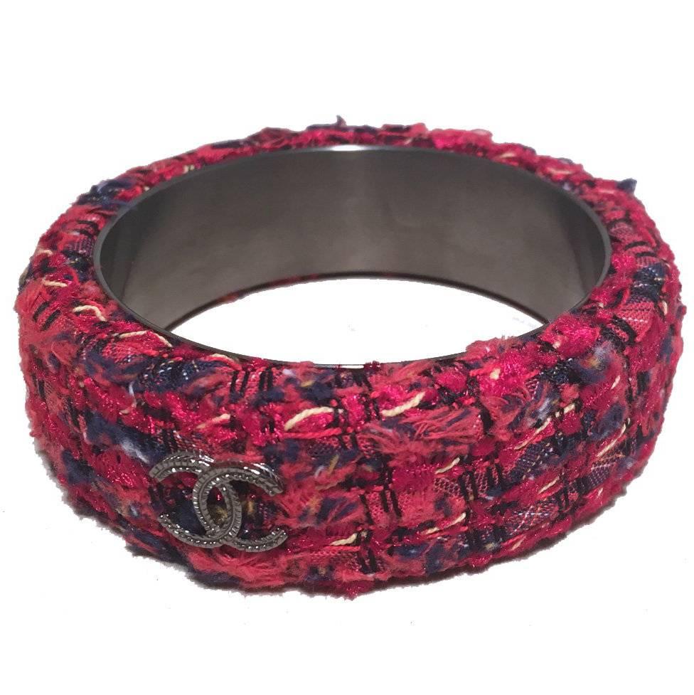 CHANEL Red Tweed and Steel Bangle Bracelet