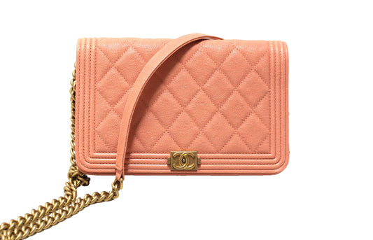 Chanel Light Pink Caviar Quilted Boy Wallet On Chain WOC