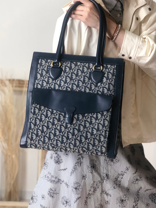 Christian Dior Trotter Front Pocket Shoulder bag Totebag Navy Vintage nak7gb