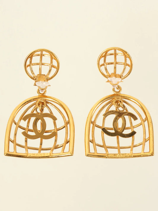 CHANEL 1993 Made Bird Cage Cc Mark Swing Earrings Gold