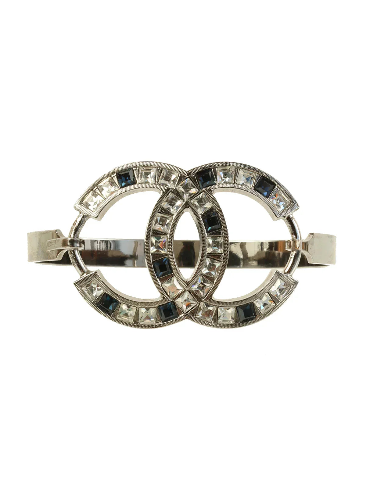 CHANEL 2005 Made Rhinestone Cc Mark Bangle Black/Silver