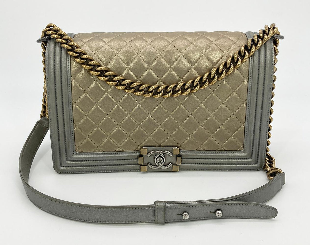 Top Quality Chanel Gold Silver Leather Medium Boy Bag Classic New