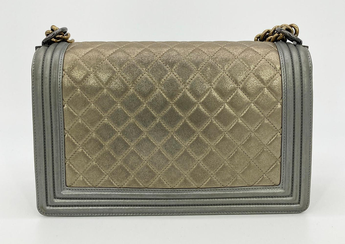 Top Quality Chanel Gold Silver Leather Medium Boy Bag Classic New