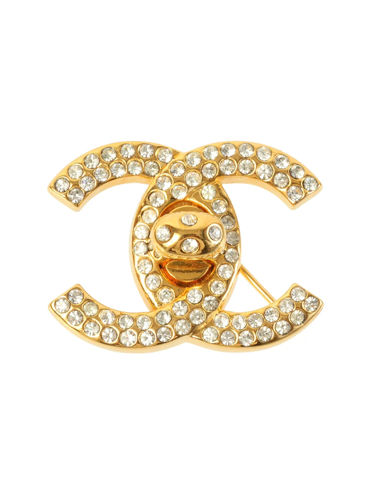 CHANEL 1996 Made Rhinestone Turn-Lock Brooch Gold