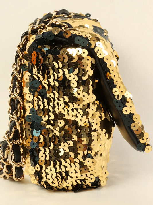 CHANEL Around 2008 Made Sequin Cc Mark Chain Bag Gold/Black