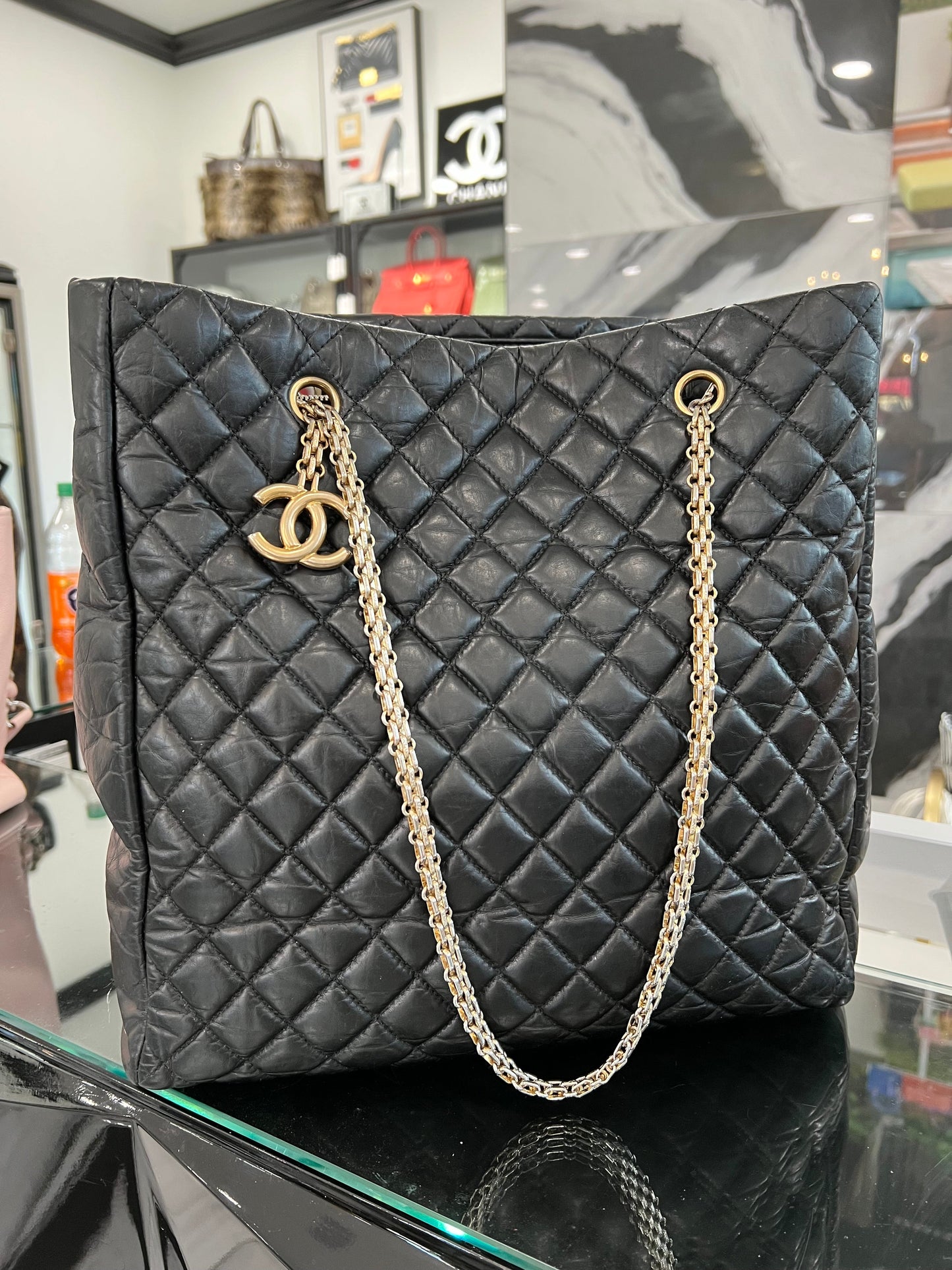 CHANEL QUILTED LEATHER VERTICAL SHOPPING TOTE BAG