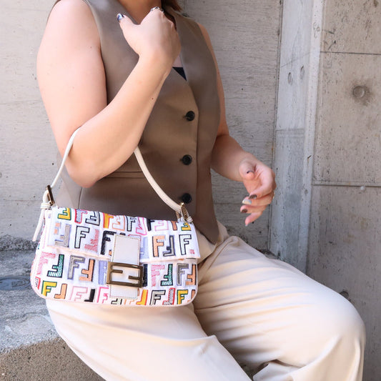 FENDI Zucca Mamma Baguette Embroidery Bag Multi Color 8BR600