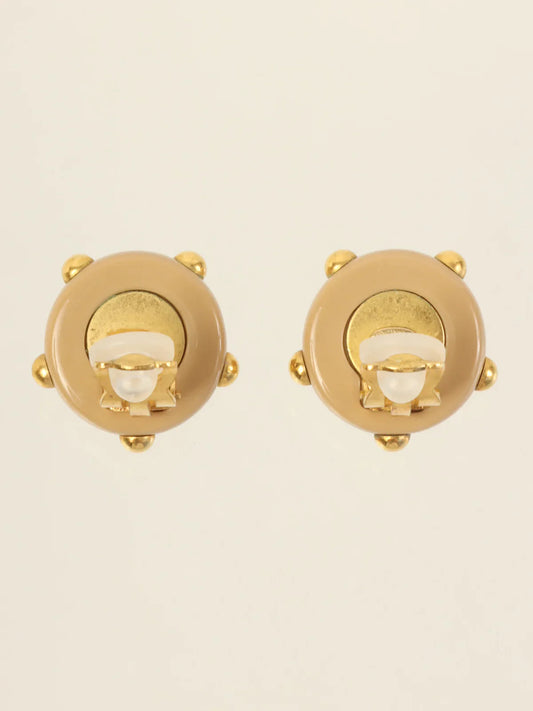 CHANEL 2000 Made Round Dotted Studs Cc Mark Earrings Beige