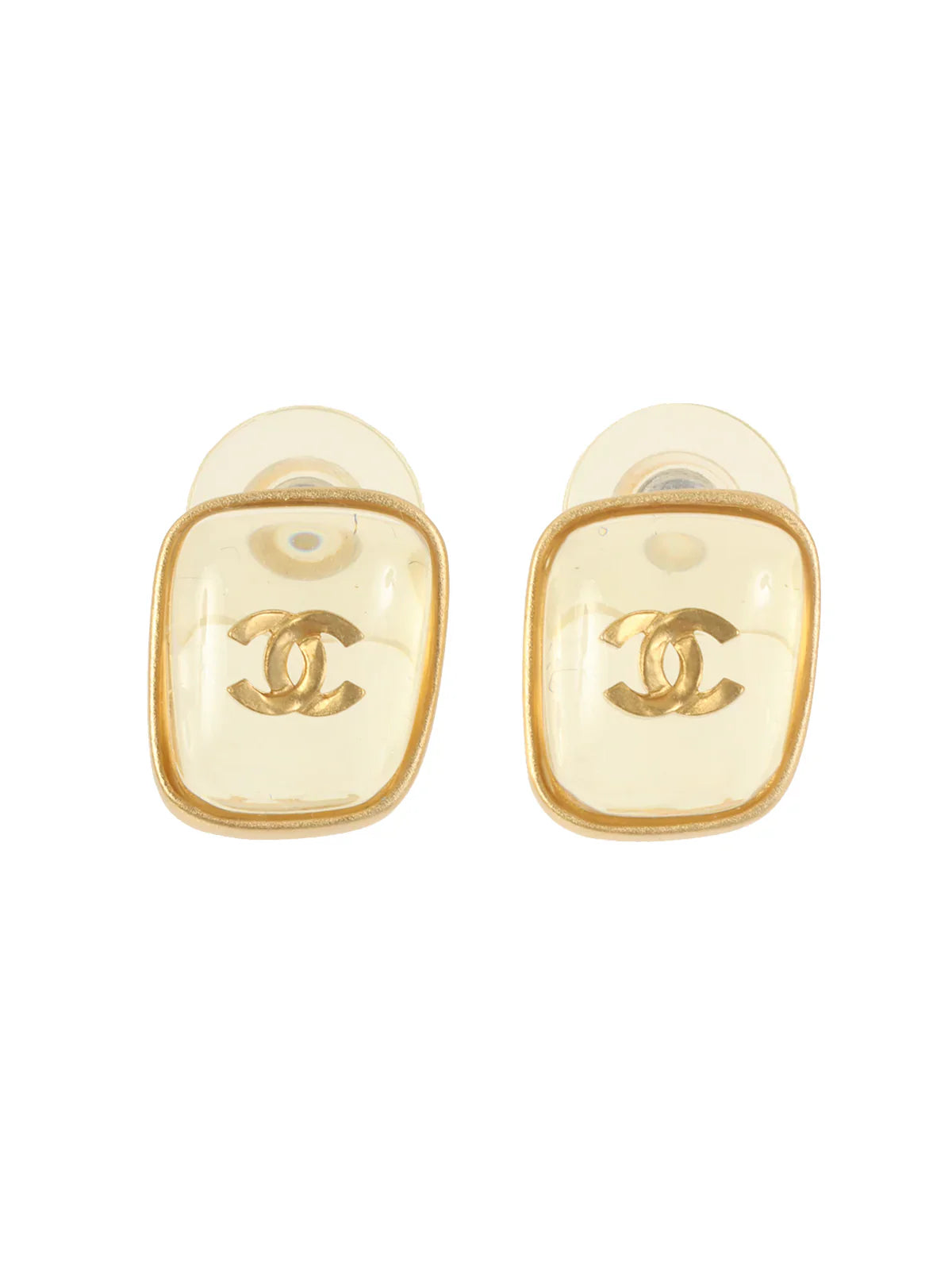 CHANEL 2001 Made Square Cc Mark Pierced Earrings Clear/Gold