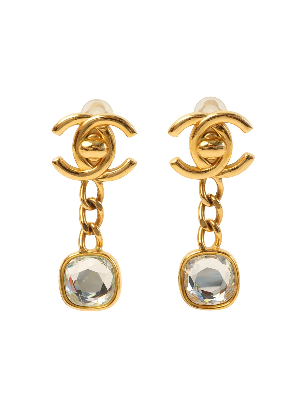 CHANEL 1997 Made Turn-Lock Swing Stone Earrings Gold