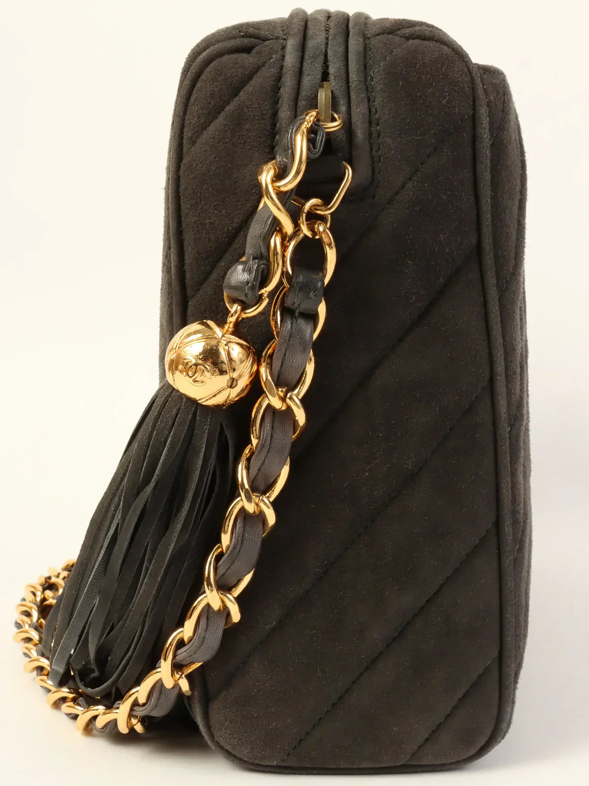 CHANEL Around 1995 Made Suede Cc Mark Stitch Tassel Chain Shouder Bag Gray