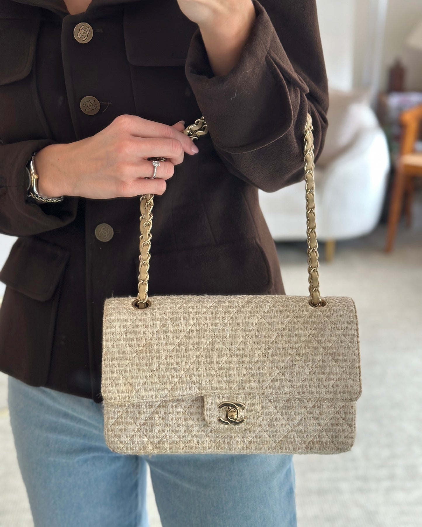 Chanel Medium Classic Double Flap Bag in Beige and Gold Tweed with Champagne Gold Hardware