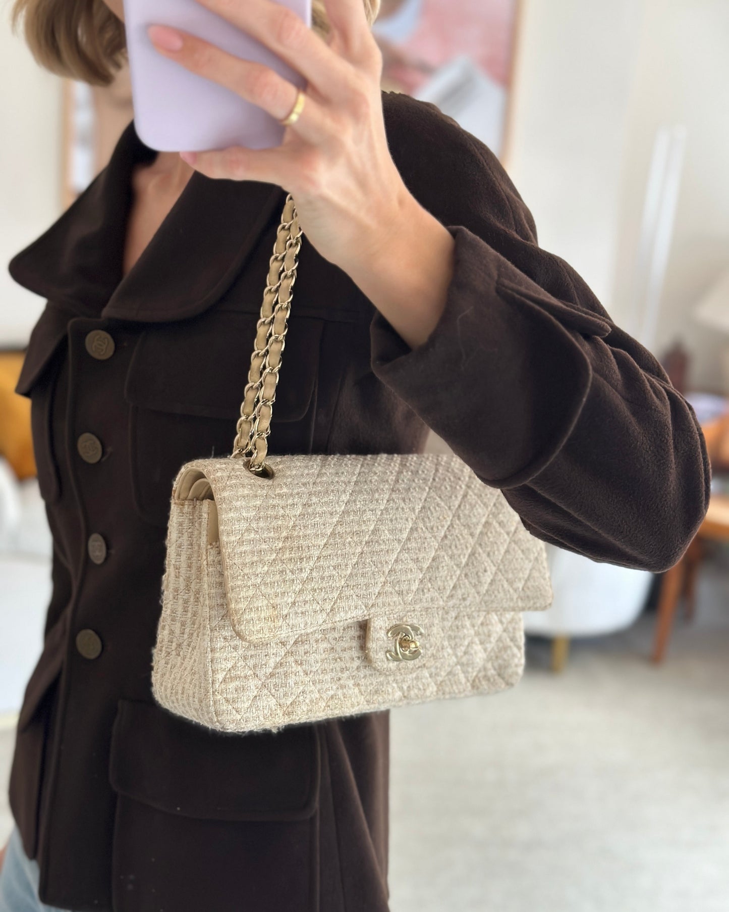 Chanel Medium Classic Double Flap Bag in Beige and Gold Tweed with Champagne Gold Hardware