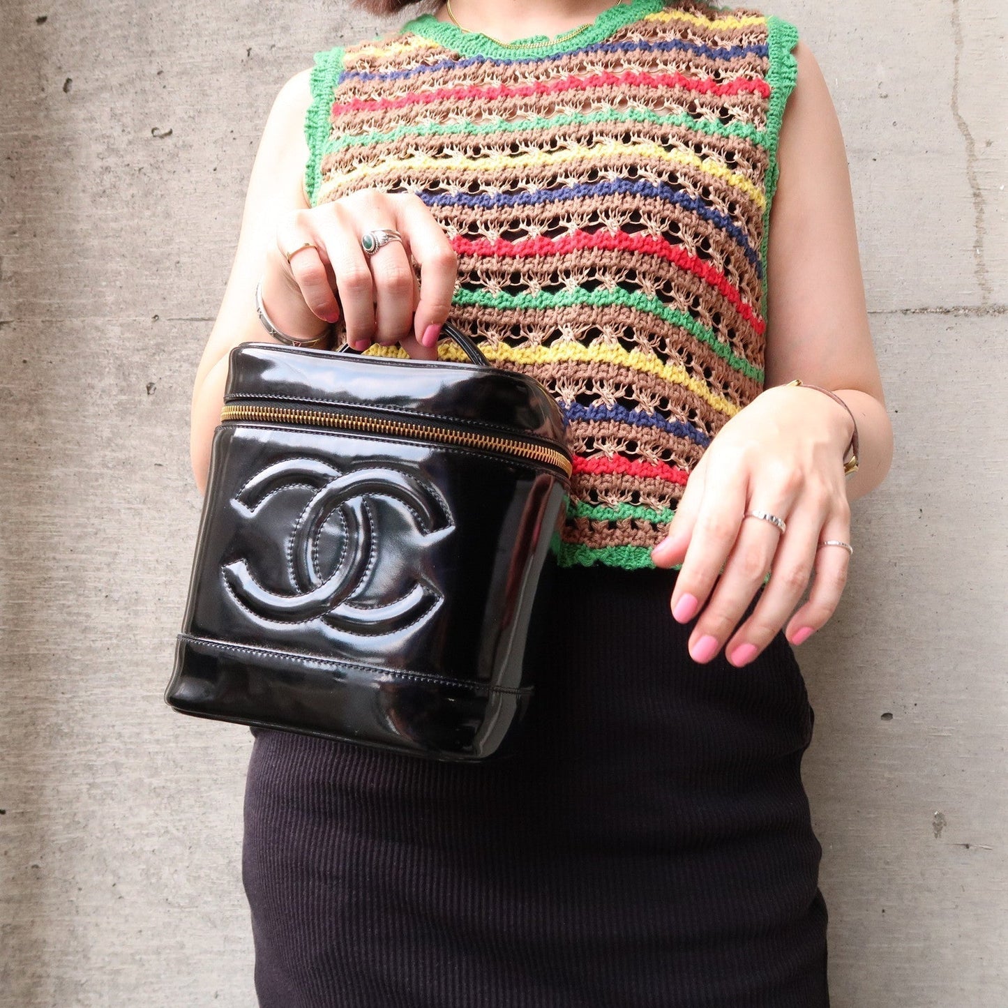 Chanel Enamel Vanity Bag Hand Bag Cosmetic Bag Black A01998
