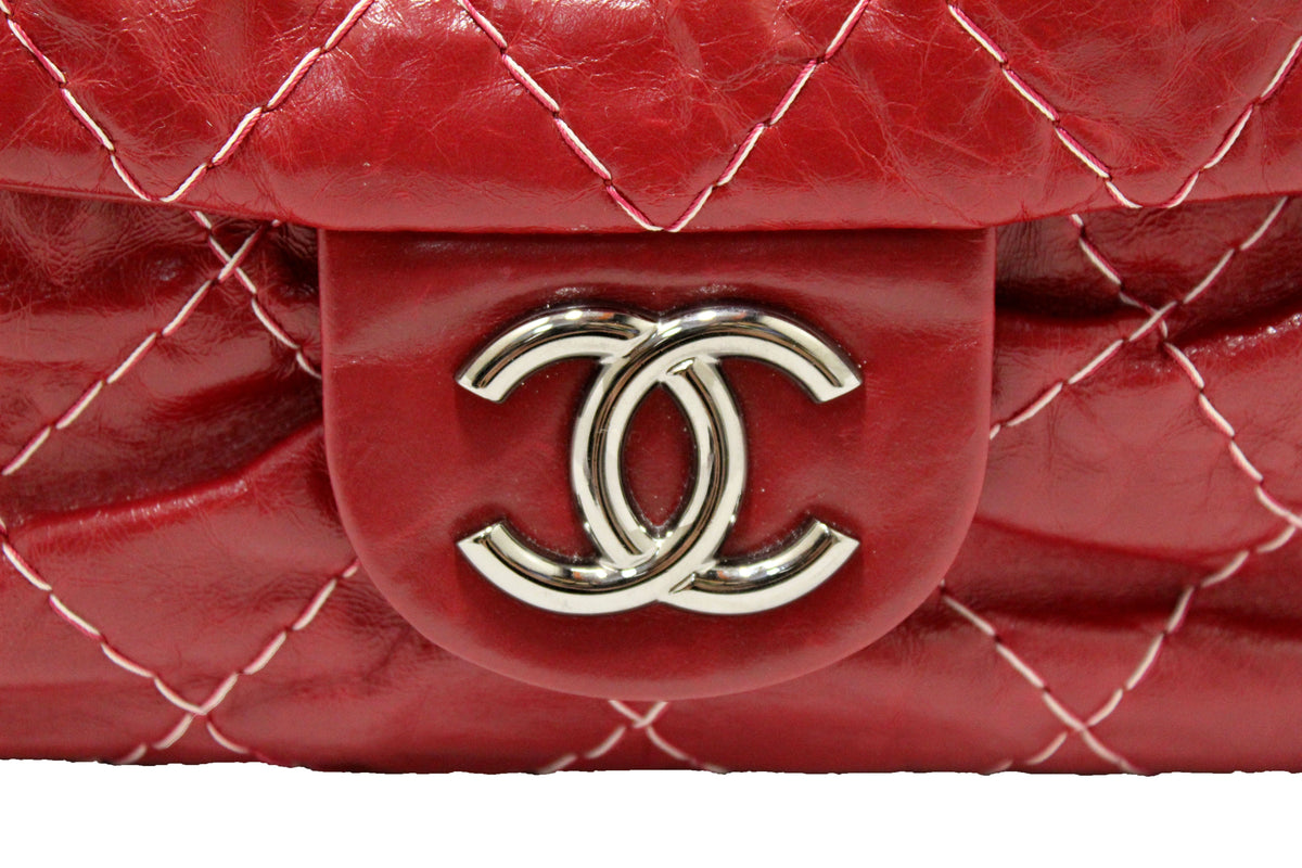 Chanel Stitch Dark Red Glazed Aged Calfskin Leather Maxi Single Flap Bag