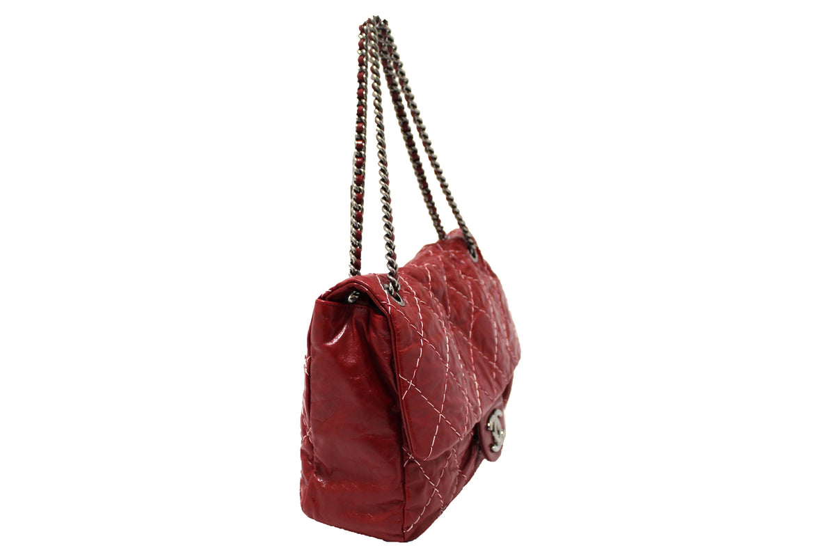 Chanel Stitch Dark Red Glazed Aged Calfskin Leather Maxi Single Flap Bag