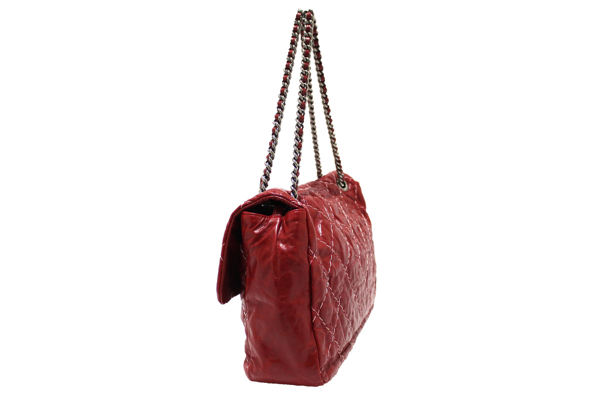 Chanel Stitch Dark Red Glazed Aged Calfskin Leather Maxi Single Flap Bag