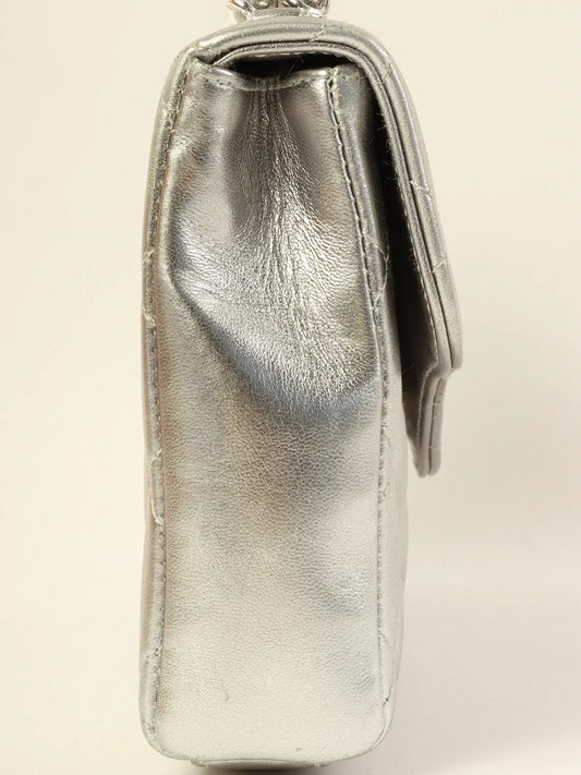 CHANEL Around 1997 Turn-Lock Chain Top Handle Bag Silver