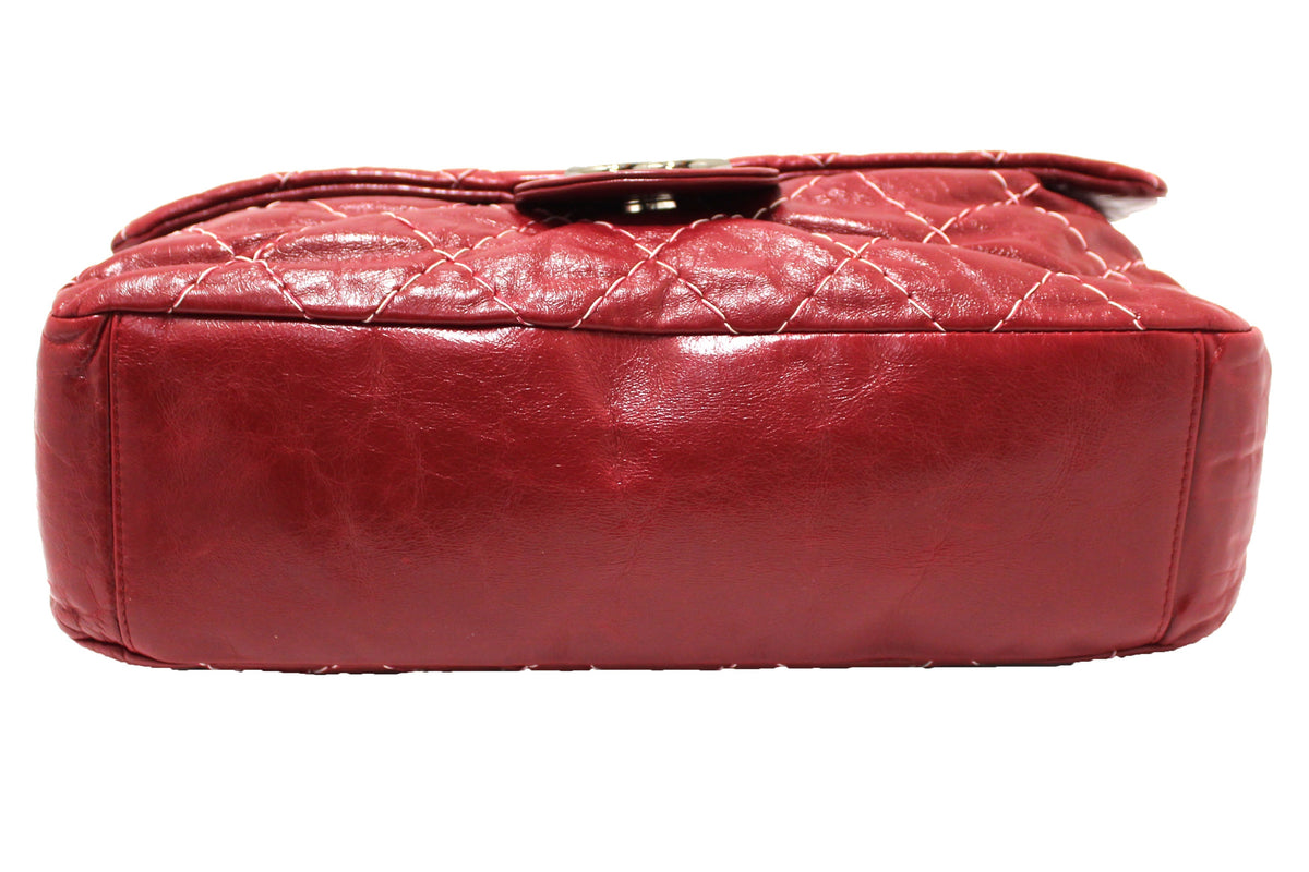 Chanel Stitch Dark Red Glazed Aged Calfskin Leather Maxi Single Flap Bag