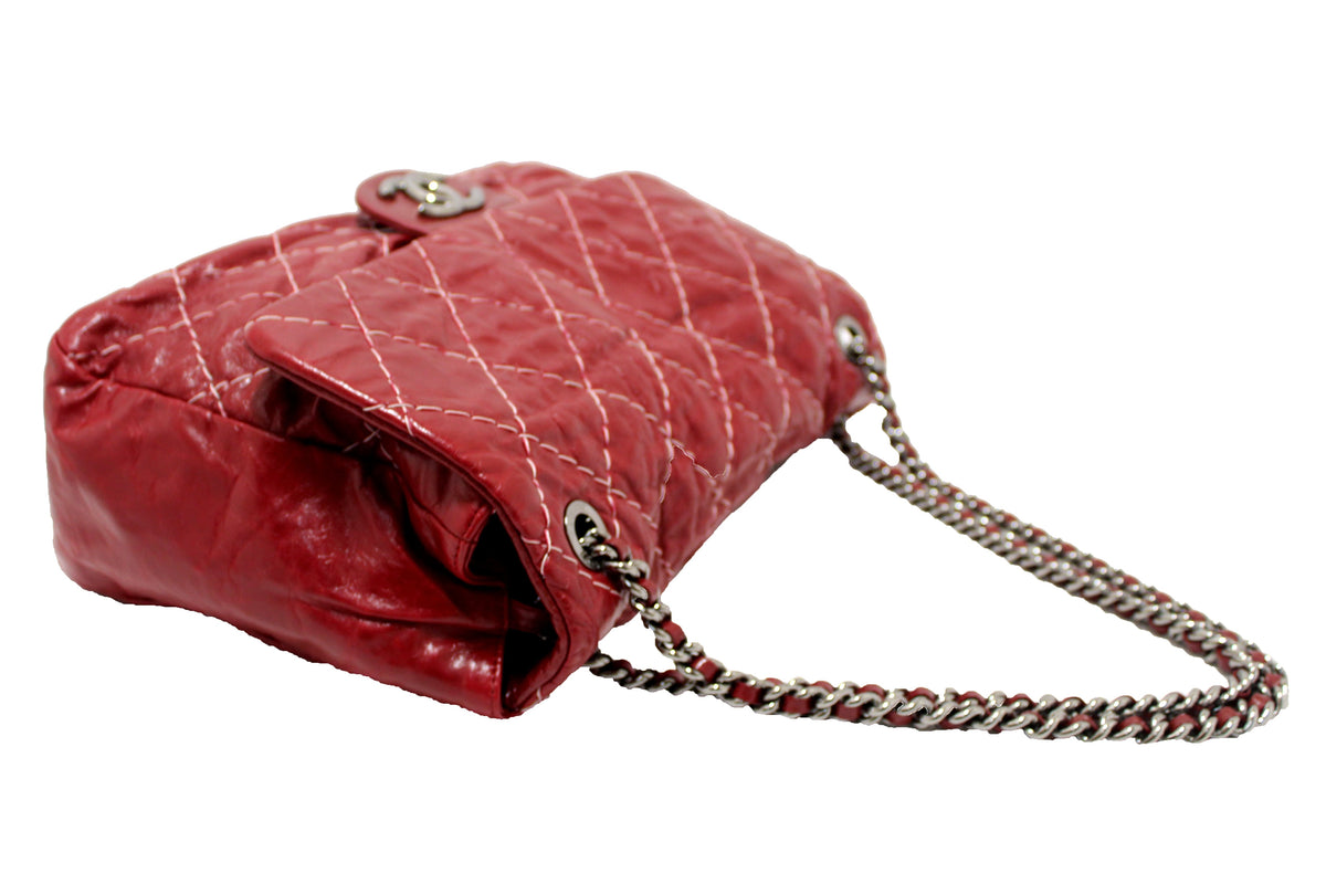 Chanel Stitch Dark Red Glazed Aged Calfskin Leather Maxi Single Flap Bag