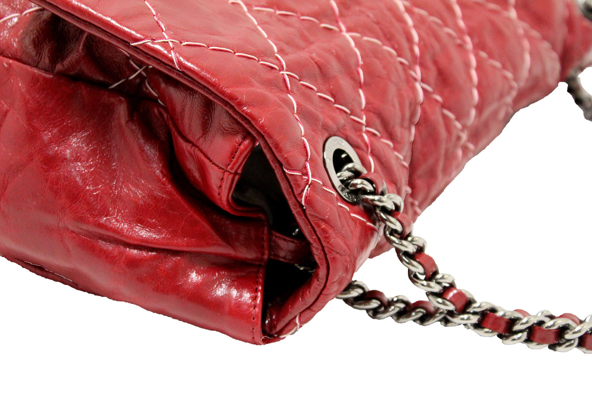 Chanel Stitch Dark Red Glazed Aged Calfskin Leather Maxi Single Flap Bag