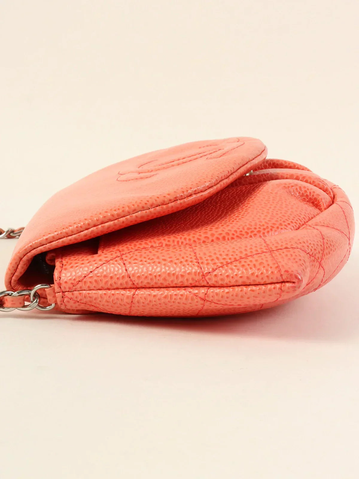 CHANEL Around 2014 Made Caviar Skin Cc Mark Stitch Wallet On Chain Salmon Pink