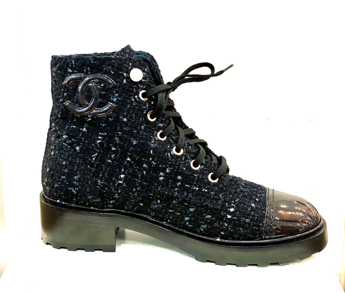 Chanel Tweed Patent Calfskin Pearl Combat Short Boots